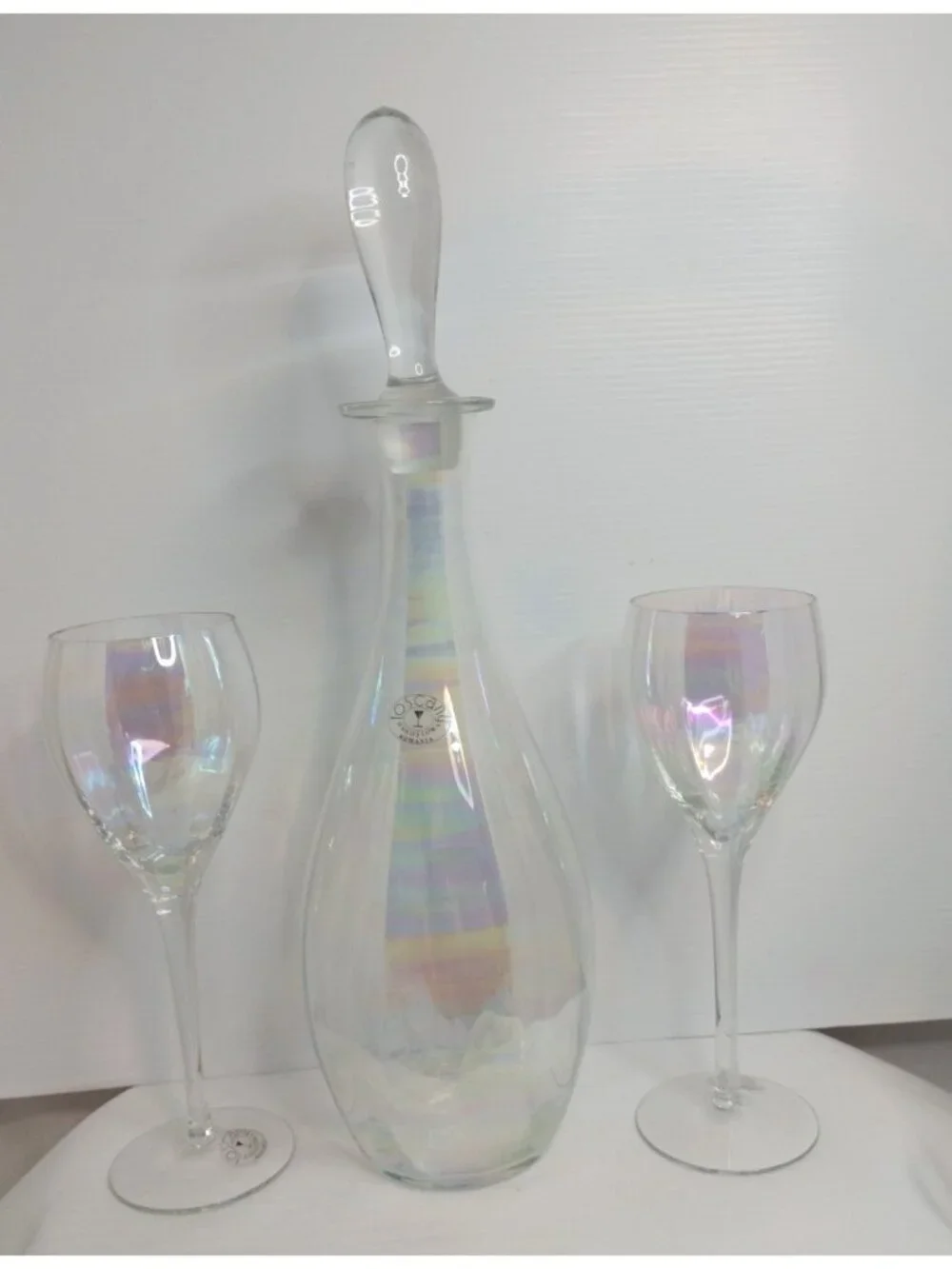 Hand blown Iridescent Toscany Wine SeT 6 Glasses Decanter W/Stopper Romania New